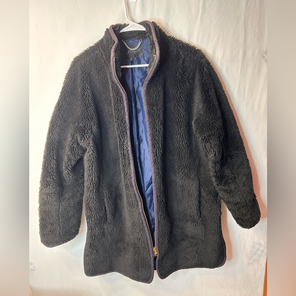 J. Crew Women’s Black Teddy Soft Fluffy Sherpa Hi-Collar Zip-Up PeaCoat Jacket M